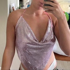 sequin cowl front shirt with open back